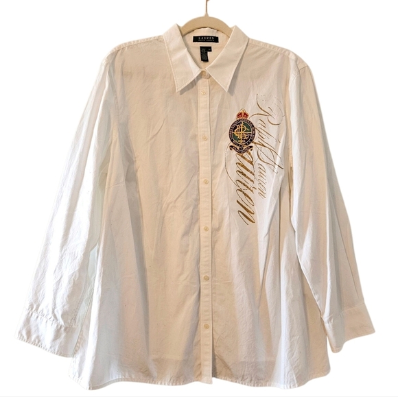 Lauren Ralph Lauren White Logo Button Down Casual Shirt Size 2X. - Picture 2 of 13